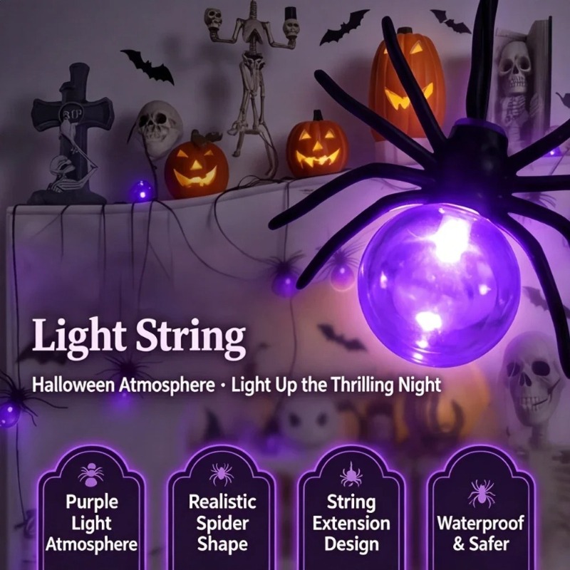 Yard Lighting Decor - Op batterijen werkende Spider LED-lichtslingers, Halloween-buitendecoraties
